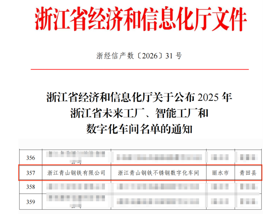青山钢铁获评2025年省级数字化车间